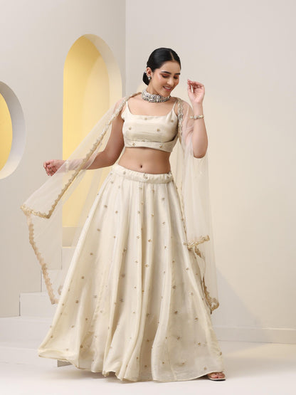 Dhiyona ST Enchanting Pure Silk Tissue Beaded Lehenga with Net Dupatta and Blouse Fabric
