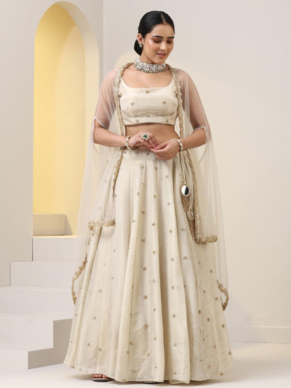 Dhiyona ST Enchanting Pure Silk Tissue Beaded Lehenga with Net Dupatta and Blouse Fabric