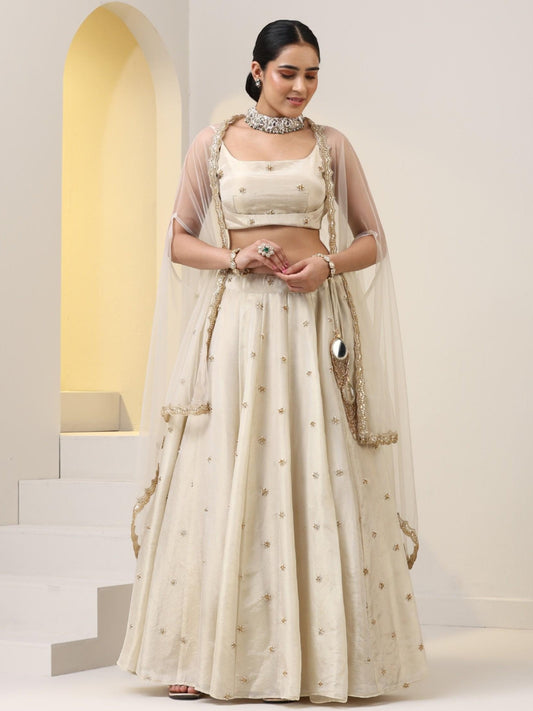 Dhiyona ST Enchanting Pure Silk Tissue Beaded Lehenga with Net Dupatta and Blouse Fabric
