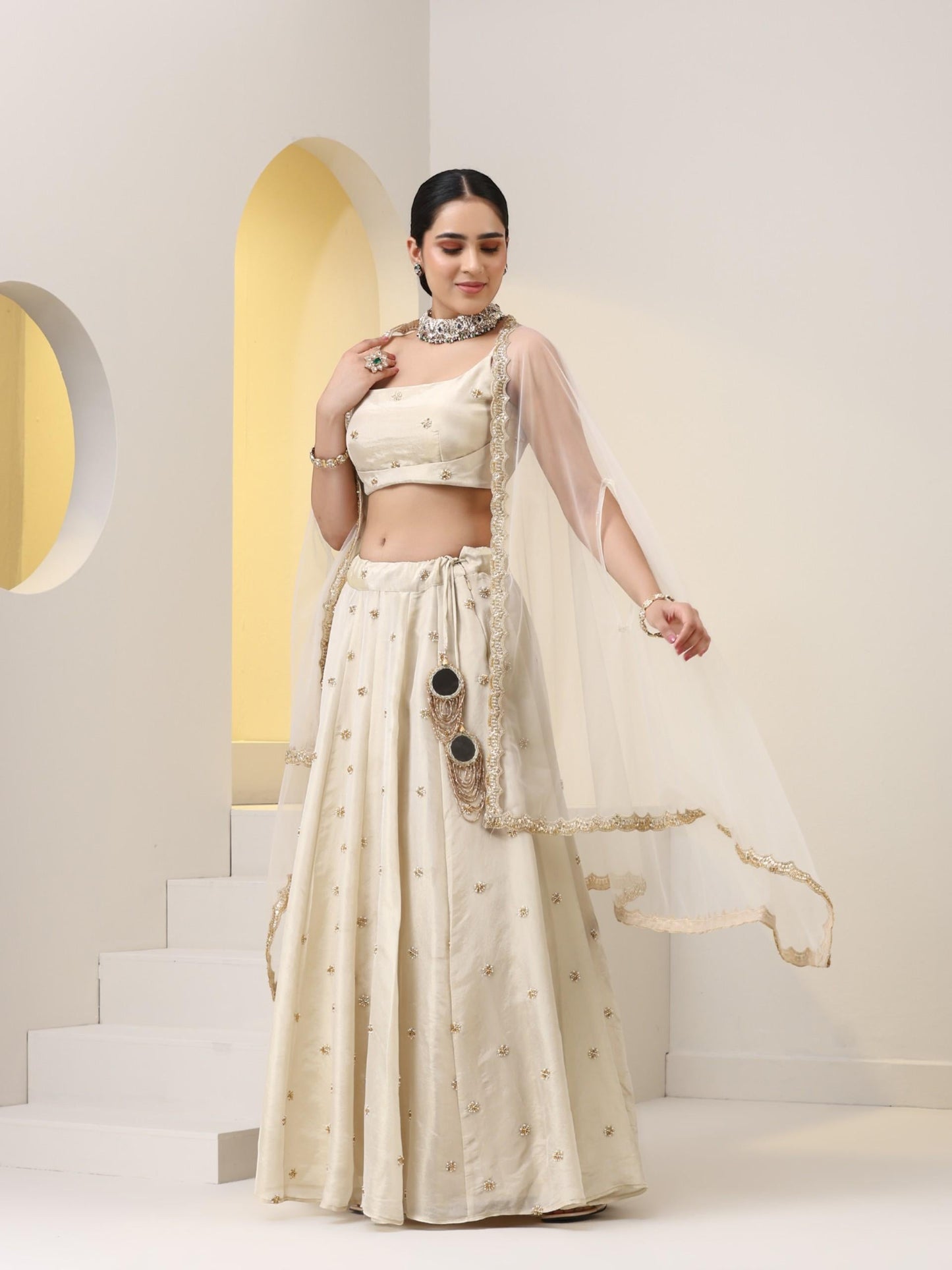 Dhiyona ST Enchanting Pure Silk Tissue Beaded Lehenga with Net Dupatta and Blouse Fabric