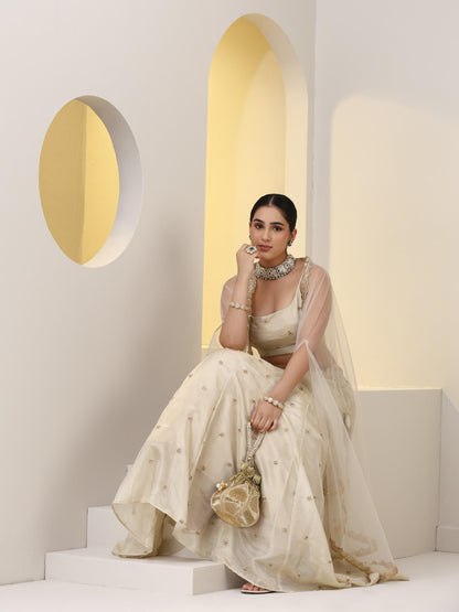 Dhiyona ST Enchanting Pure Silk Tissue Beaded Lehenga with Net Dupatta and Blouse Fabric