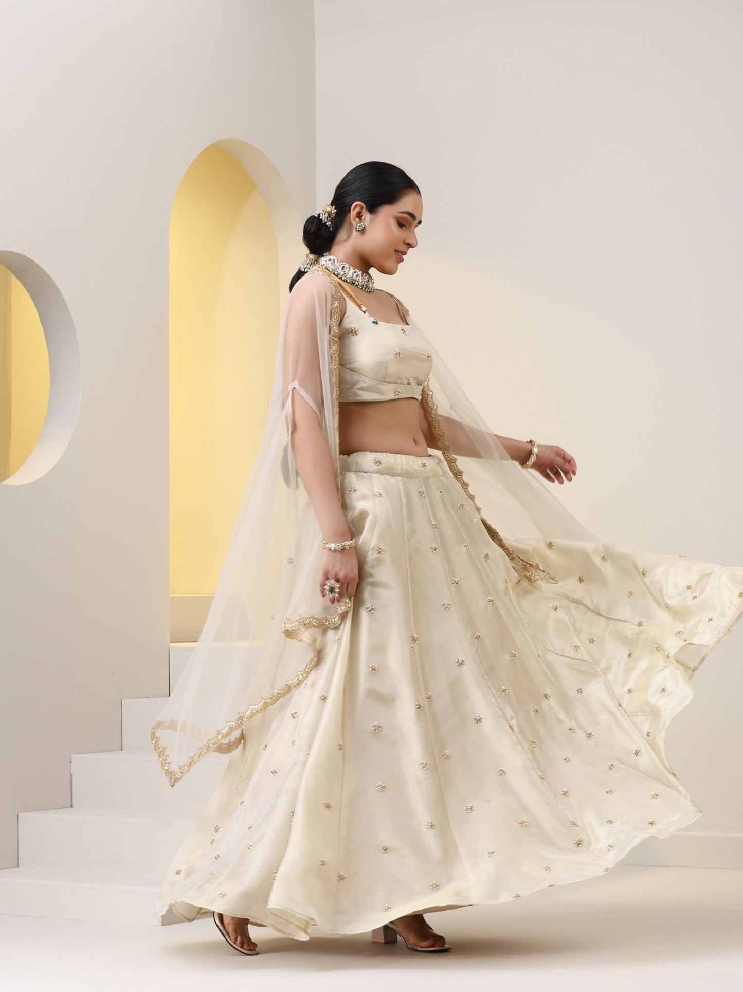 Dhiyona ST Enchanting Pure Silk Tissue Beaded Lehenga with Net Dupatta and Blouse Fabric