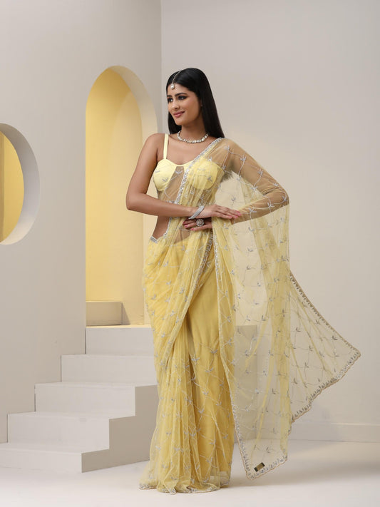 Dhiyona ST Topaz Yellow Net Cut Dana Embroidery Saree with Blouse Fabric