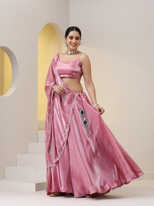 Dhiyona ST 3 pc SET - Pink Organza Satin Lehenga with Hand Embroidered Cut Dana Dupatta and Blouse Fabric