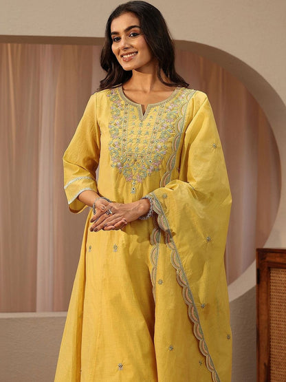 Yellow Floral Embroidered Silk Blend A-line Suit Set