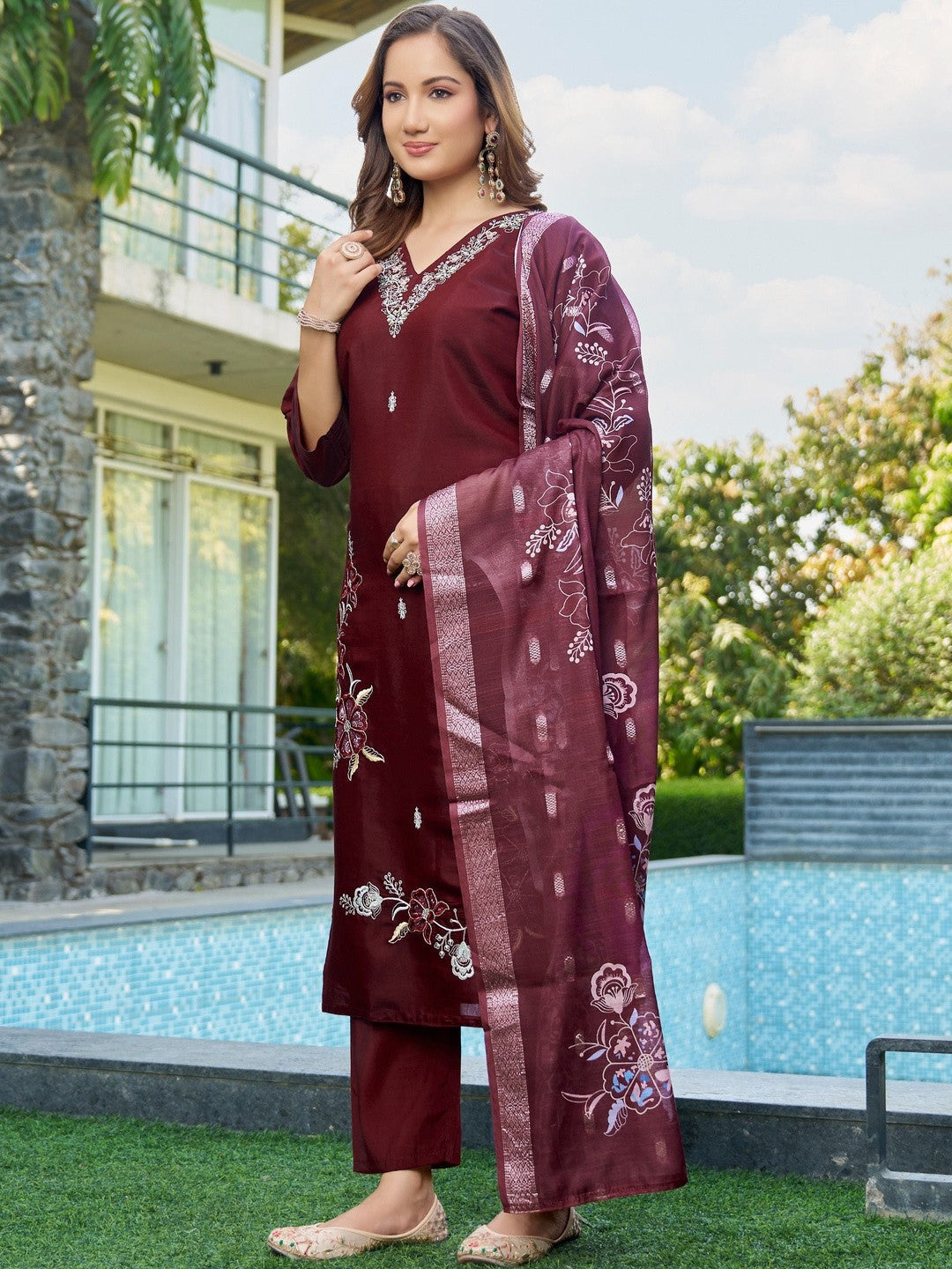 Embroidered V-Neck Kurta & Trousers With Dupatta