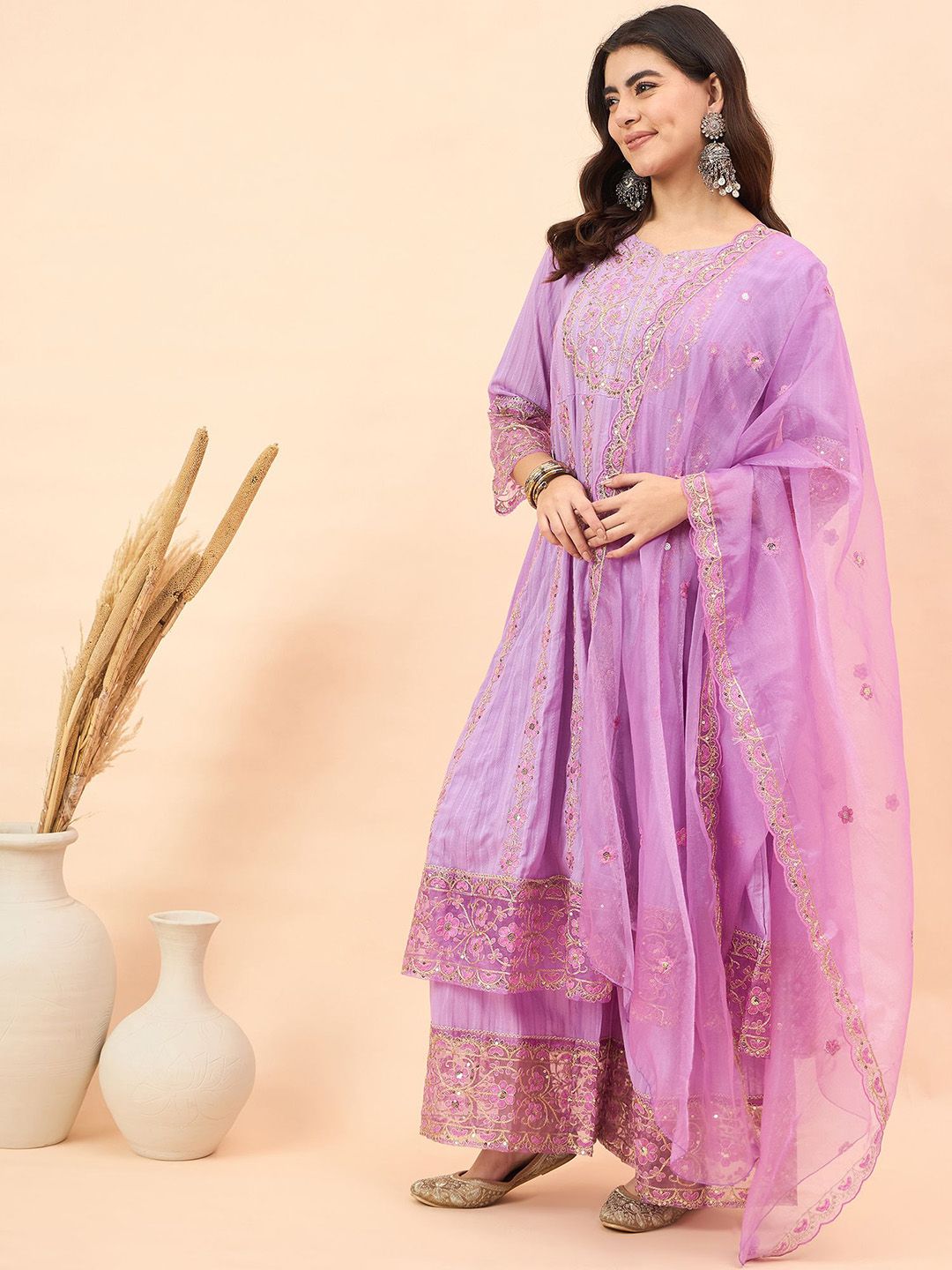 Dhiyona AN Floral Embroidered Sequinned Pure Cotton Kurta With Sharara & Dupatta
