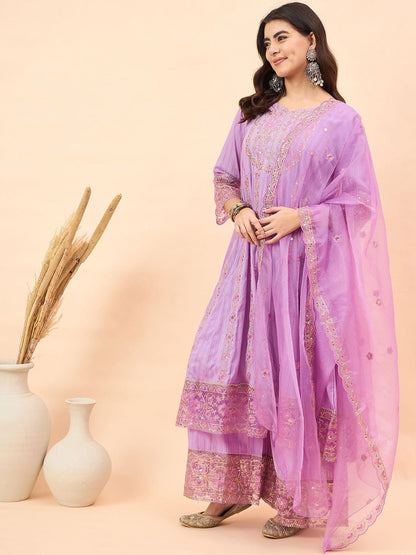 Dhiyona AN Floral Embroidered Sequinned Pure Cotton Kurta With Sharara & Dupatta
