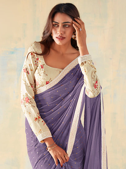 Women's Georgette Violet Embellished Designer Saree With Blouse Piece