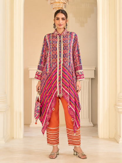 Saar Apricot Full Work Designer Co-Ord Set Along With Bag