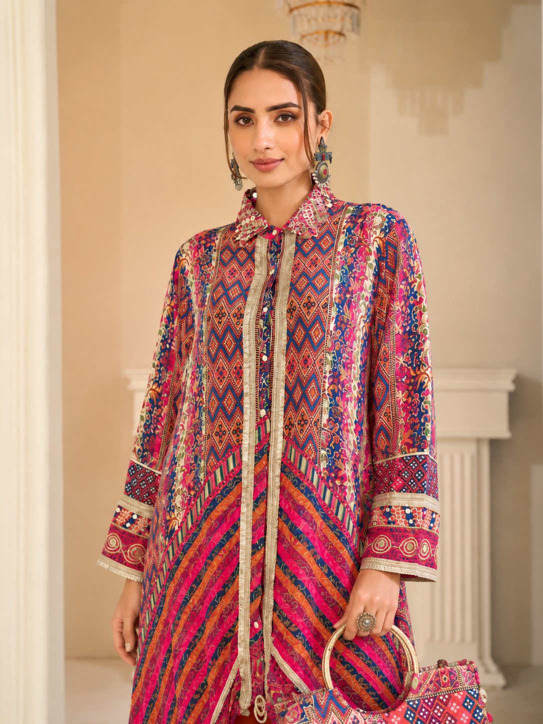 Saar Apricot Full Work Designer Co-Ord Set Along With Bag