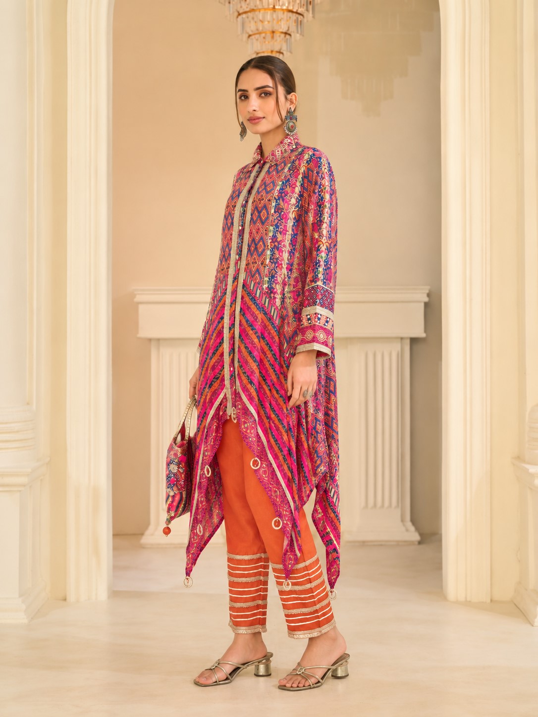 Saar Apricot Full Work Designer Co-Ord Set Along With Bag