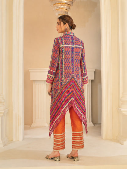 Saar Apricot Full Work Designer Co-Ord Set Along With Bag
