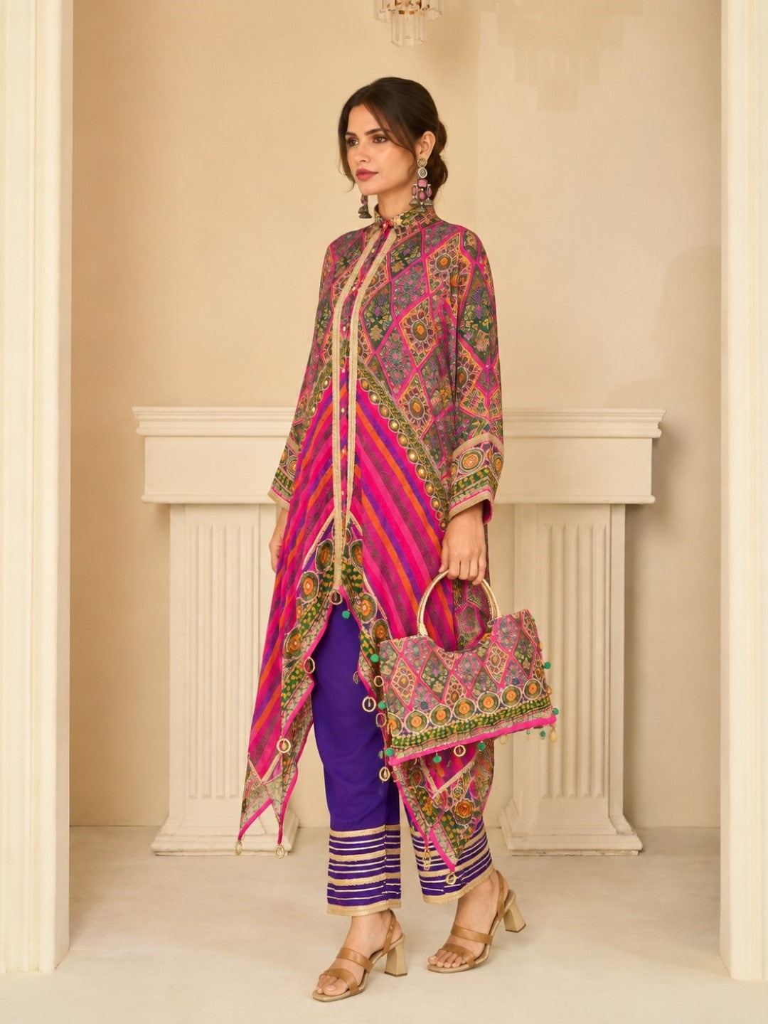 Saar Rose Full Work Designer Co-Ord Set Along With Bag