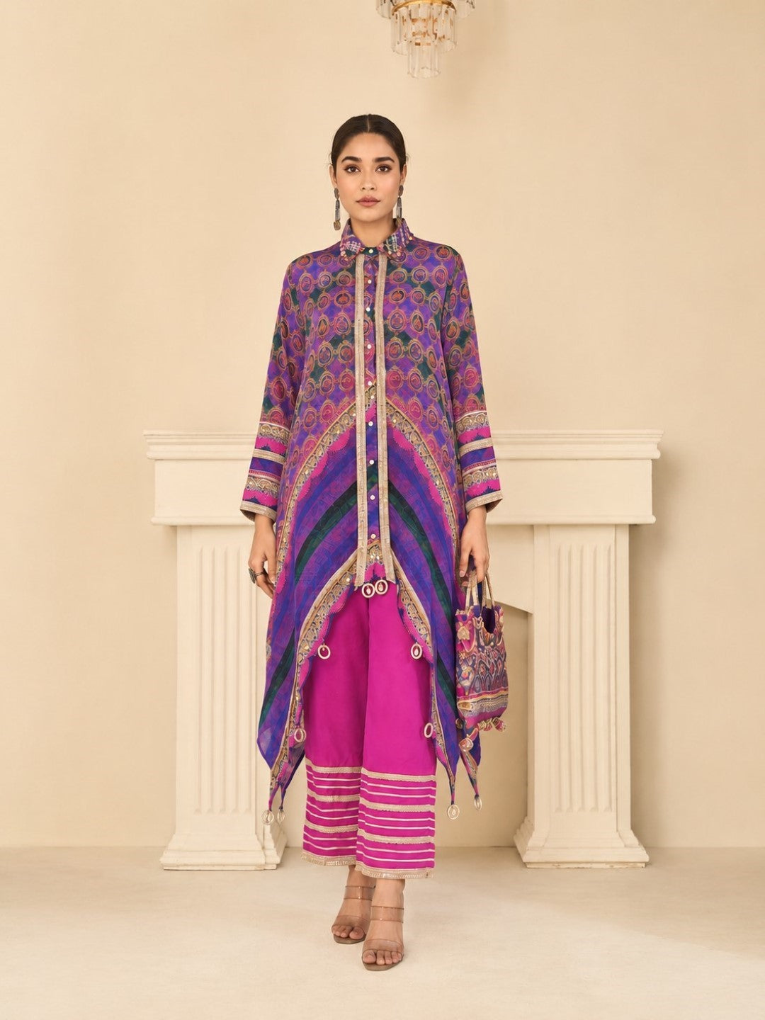 Saar Thistle Full Work Designer Co-Ord Set Along With Bag