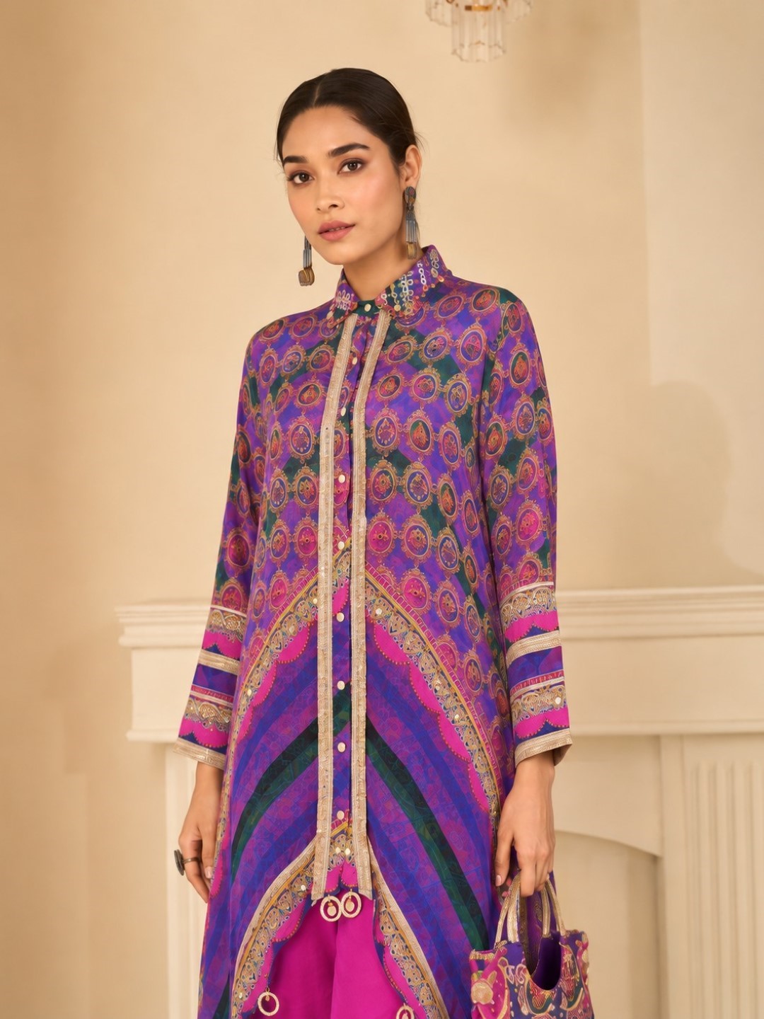 Saar Thistle Full Work Designer Co-Ord Set Along With Bag