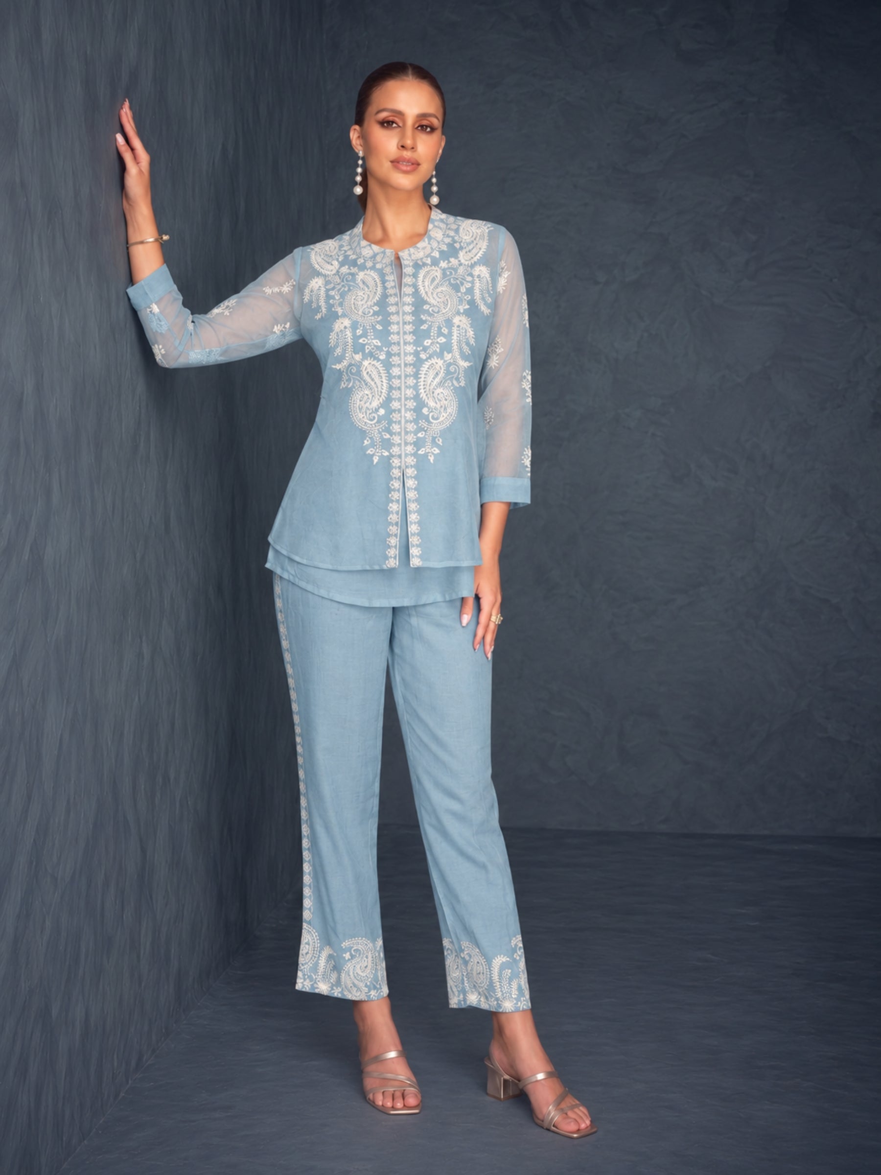 Saba SoftBlue Embroidered 3 pc Co-ord Set