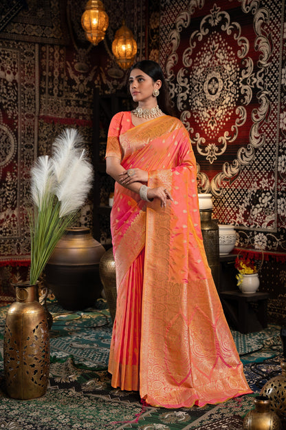 Dhiyona GR Women's Saachi Silk Peach Banarasi Silk Woven Saree