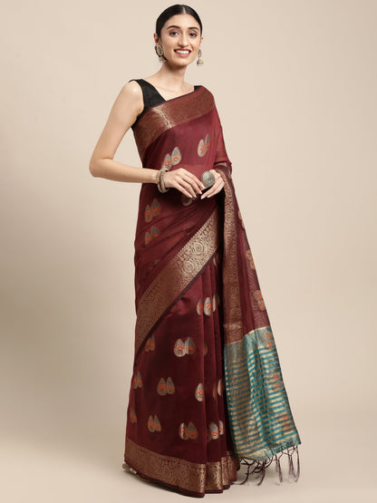 Dhiyona GR Women's Sagarika Vintage Maroon Cotton Blend Saree