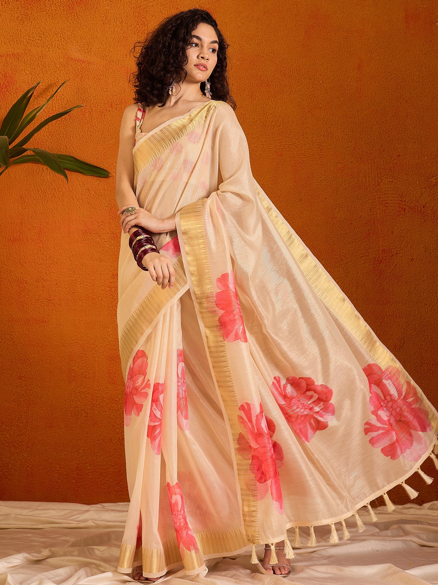 Women's Organza Beige Printed Designer Saree With Blouse Piece