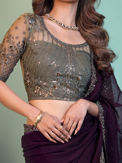 Women's Chiffon Purple Embellished Designer Saree With Blouse Piece