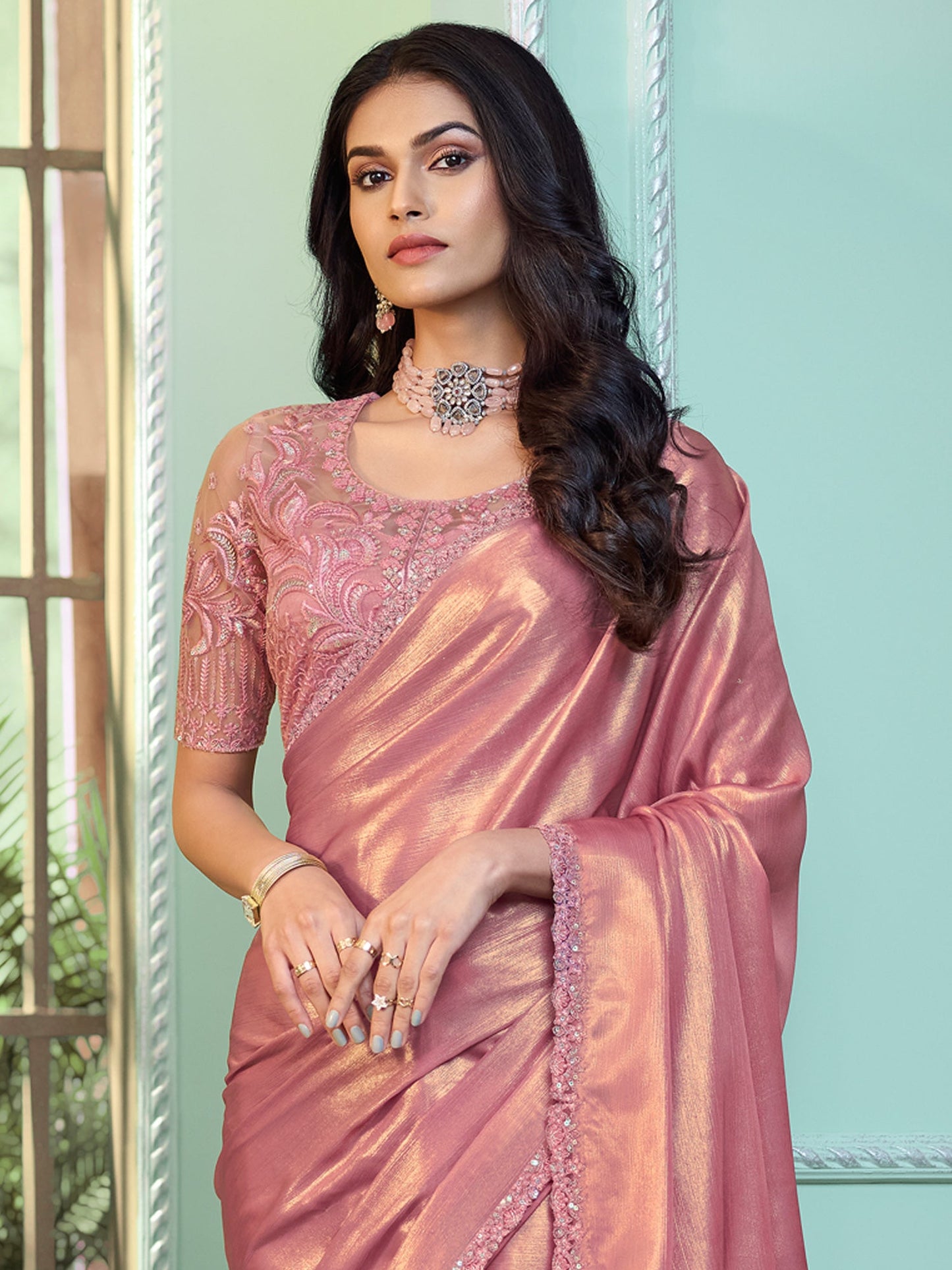 Women's Georgette Pink Embellished Designer Saree With Blouse Piece