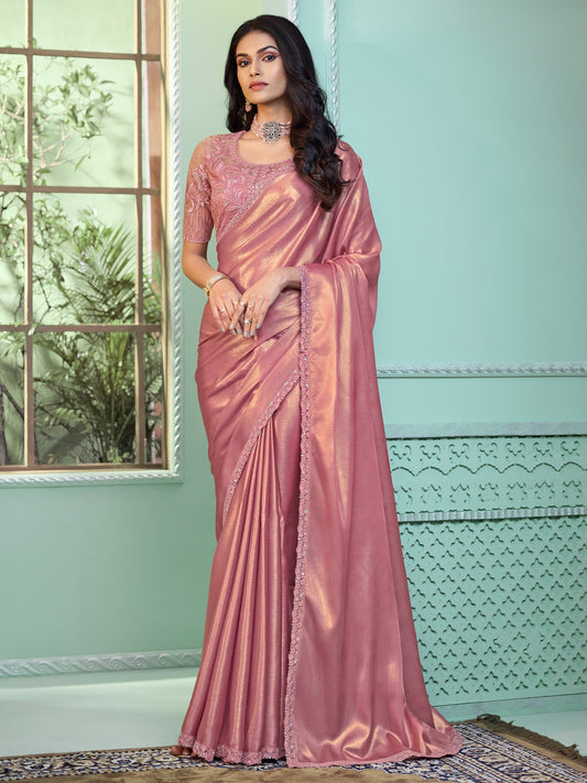 Women's Georgette Pink Embellished Designer Saree With Blouse Piece