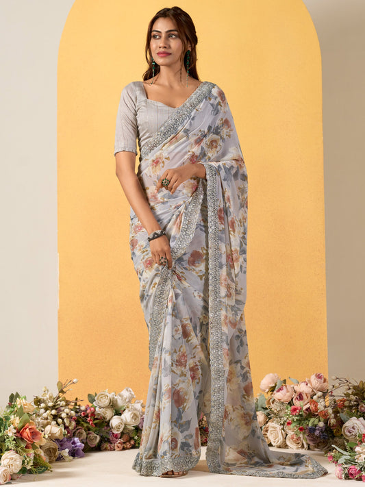 Women's Georgette Grey Embellished Designer Saree With Blouse Piece