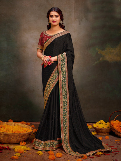 Women's Satin Silk Maroon Embroidered Designer Saree With Blouse Piece