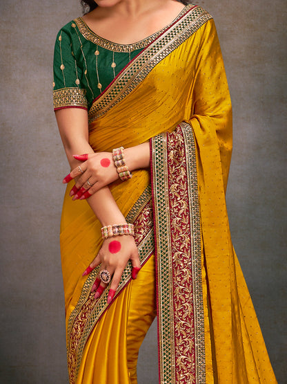 Women's Satin Silk Green Embroidered Designer Saree With Blouse Piece
