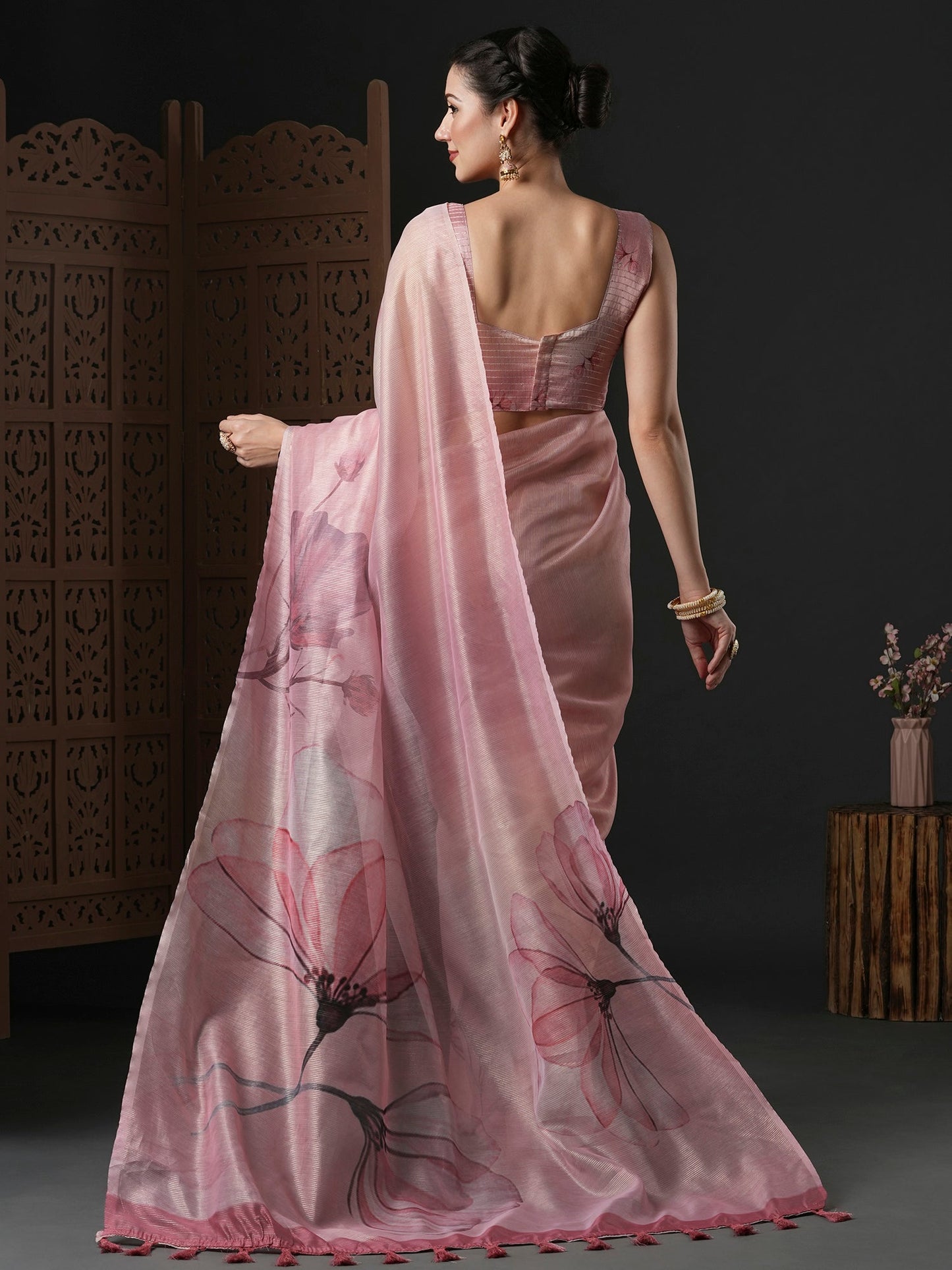 Women's Organza Pink Printed Designer Saree With Blouse Piece