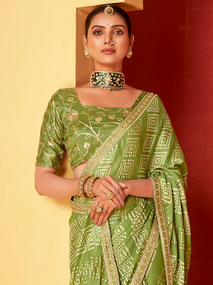 Women's Chiffon Light Green Embellished Designer Saree With Blouse Piece