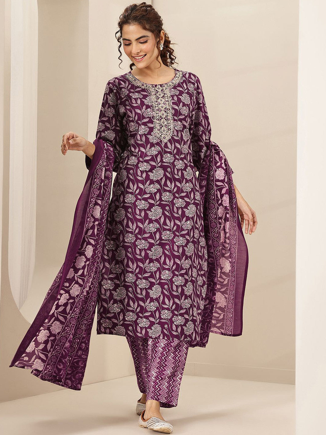 Floral Printed Round Neck Mirror Work Straight Kurta With Trousers & Dupatta