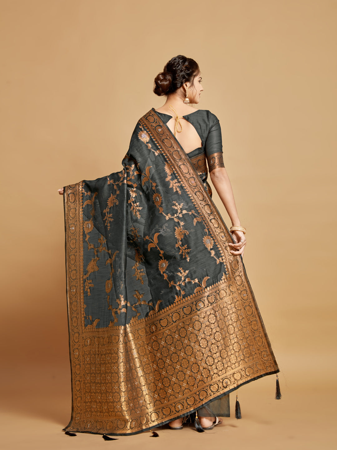 Dhiyona GR Women's Sargam Stone Grey Zari Woven Design Linen Saree