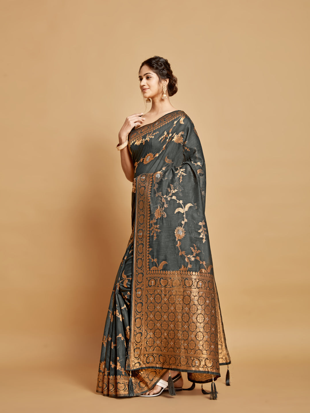 Dhiyona GR Women's Sargam Stone Grey Zari Woven Design Linen Saree