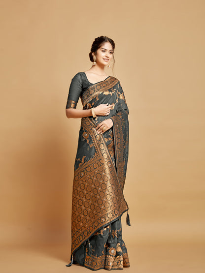 Dhiyona GR Women's Sargam Stone Grey Zari Woven Design Linen Saree