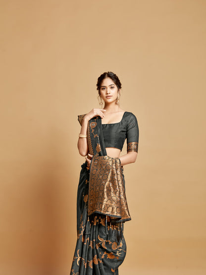 Dhiyona GR Women's Sargam Stone Grey Zari Woven Design Linen Saree