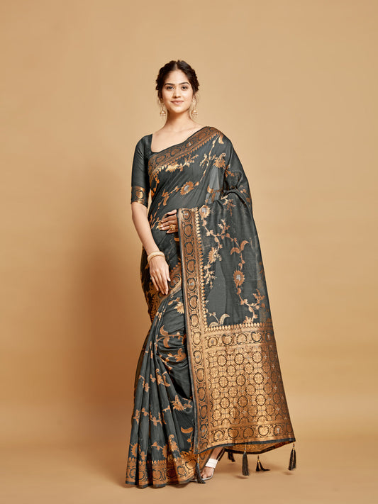 Dhiyona GR Women's Sargam Stone Grey Zari Woven Design Linen Saree