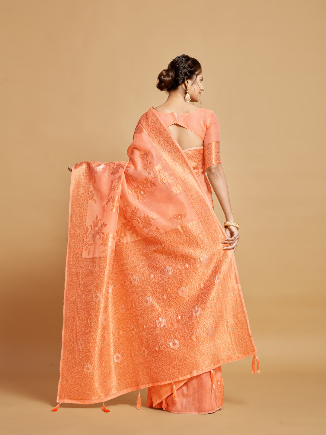 Dhiyona GR Women's Sargam Orange Marmalade Zari Woven Design Linen Saree