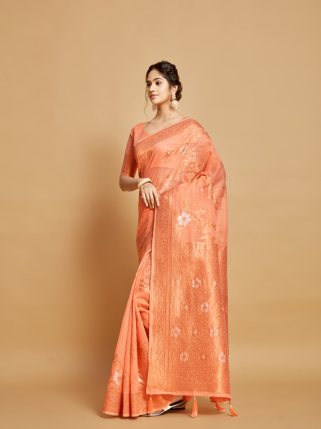 Dhiyona GR Women's Sargam Orange Marmalade Zari Woven Design Linen Saree