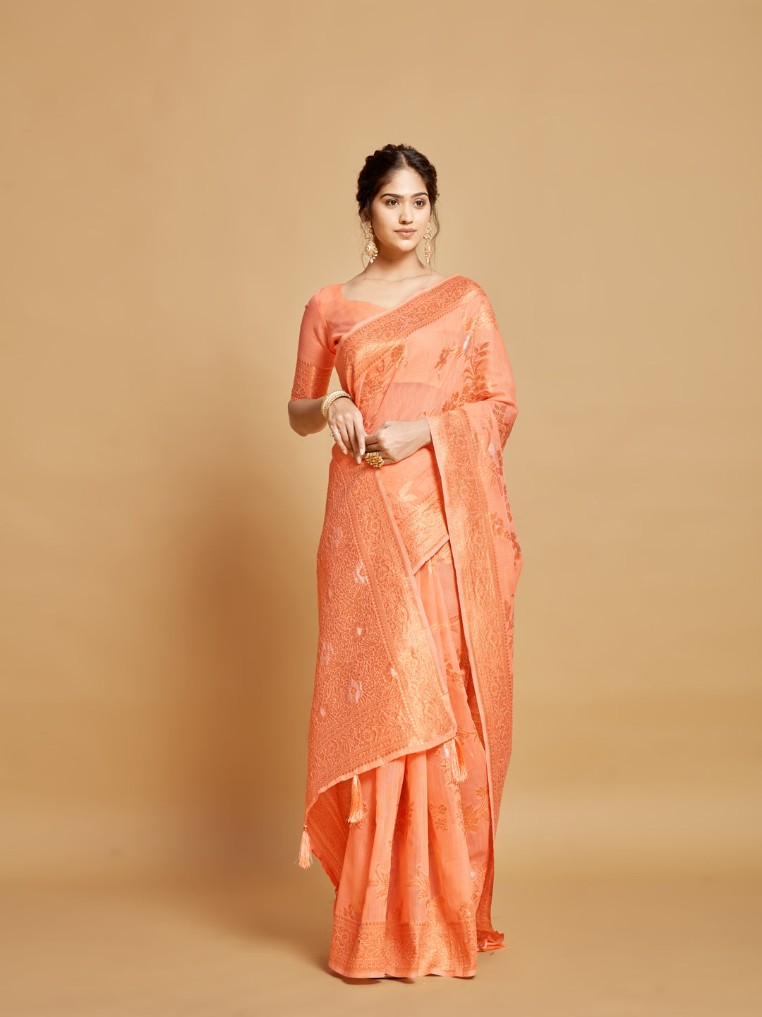 Dhiyona GR Women's Sargam Orange Marmalade Zari Woven Design Linen Saree