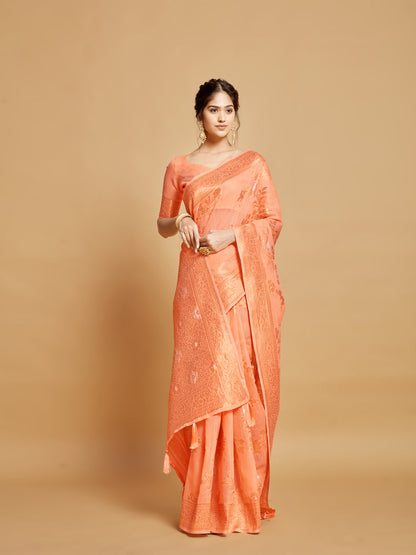 Dhiyona GR Women's Sargam Orange Marmalade Zari Woven Design Linen Saree