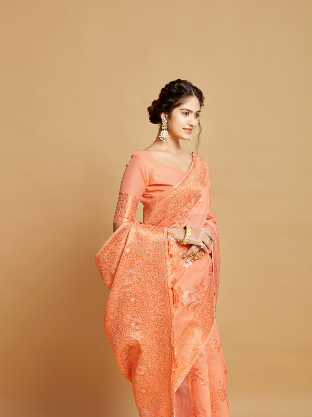 Dhiyona GR Women's Sargam Orange Marmalade Zari Woven Design Linen Saree