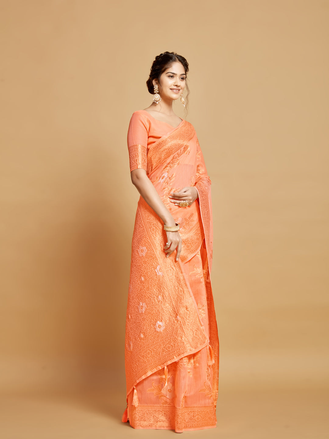 Dhiyona GR Women's Sargam Orange Marmalade Zari Woven Design Linen Saree