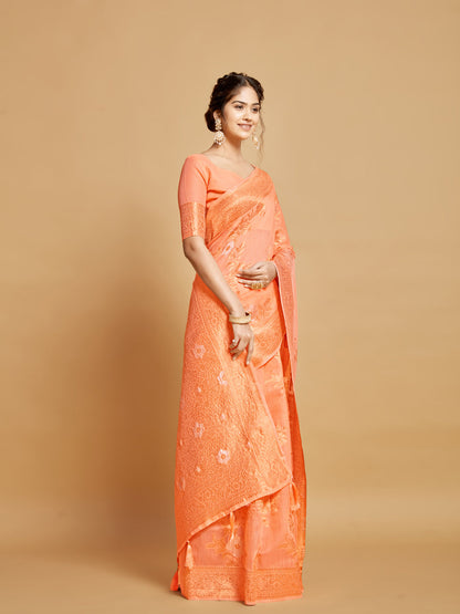 Dhiyona GR Women's Sargam Orange Marmalade Zari Woven Design Linen Saree