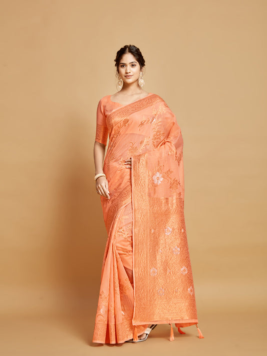 Dhiyona GR Women's Sargam Orange Marmalade Zari Woven Design Linen Saree