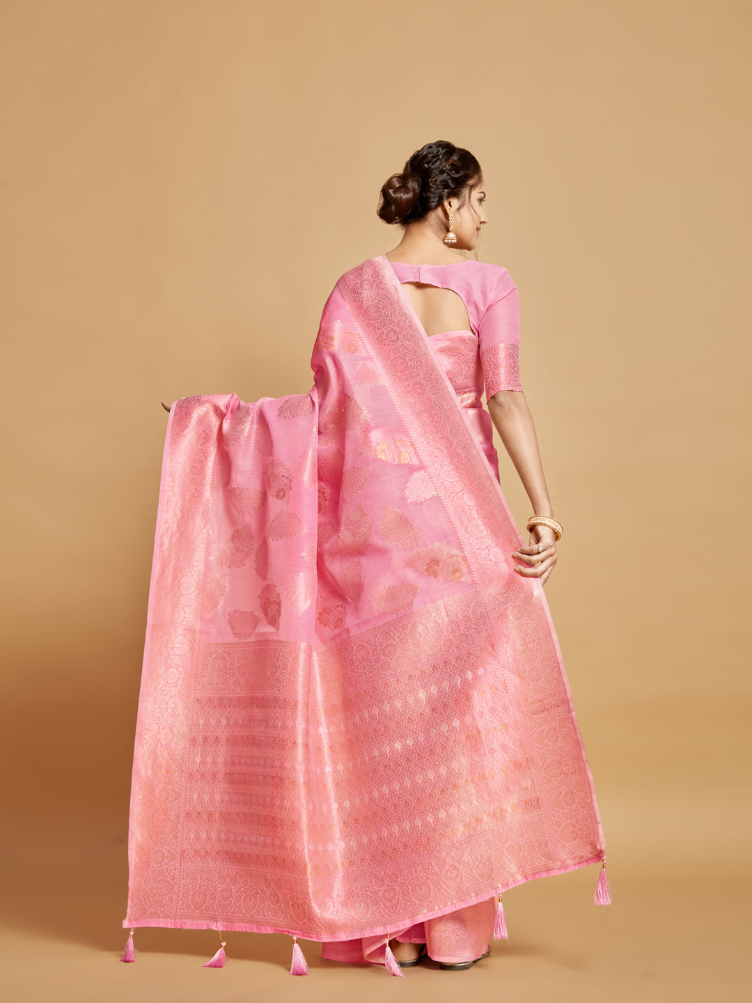 Dhiyona GR Women's Sargam Tickle Me Pink Zari Woven Design Linen Saree