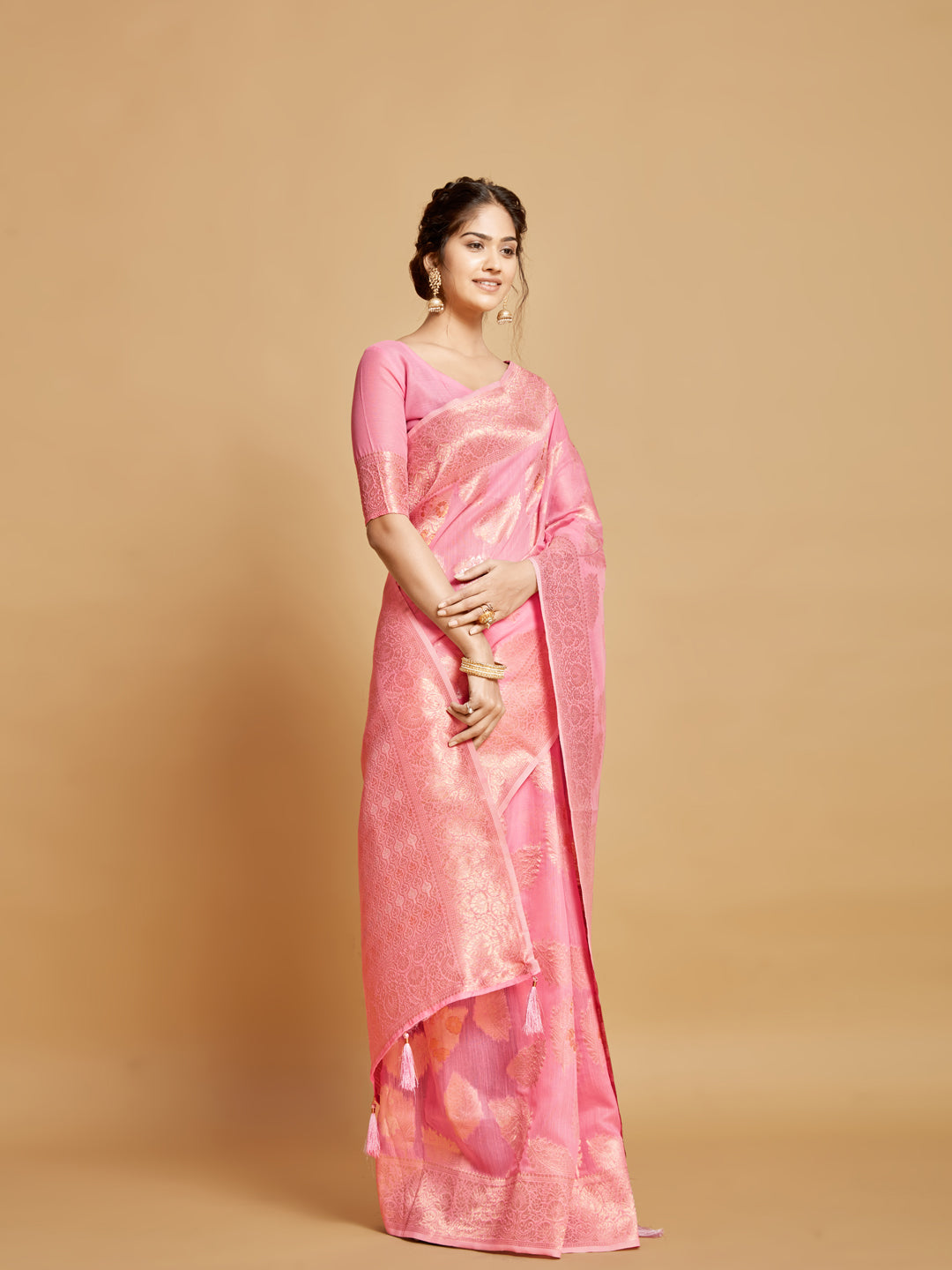 Dhiyona GR Women's Sargam Tickle Me Pink Zari Woven Design Linen Saree