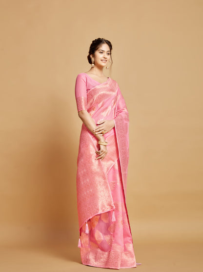 Dhiyona GR Women's Sargam Tickle Me Pink Zari Woven Design Linen Saree