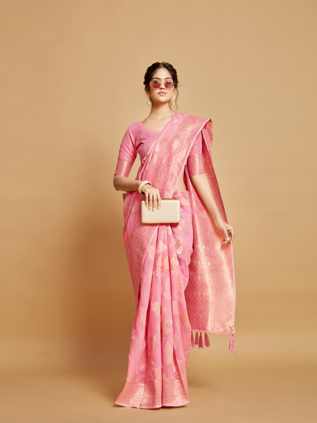 Dhiyona GR Women's Sargam Tickle Me Pink Zari Woven Design Linen Saree